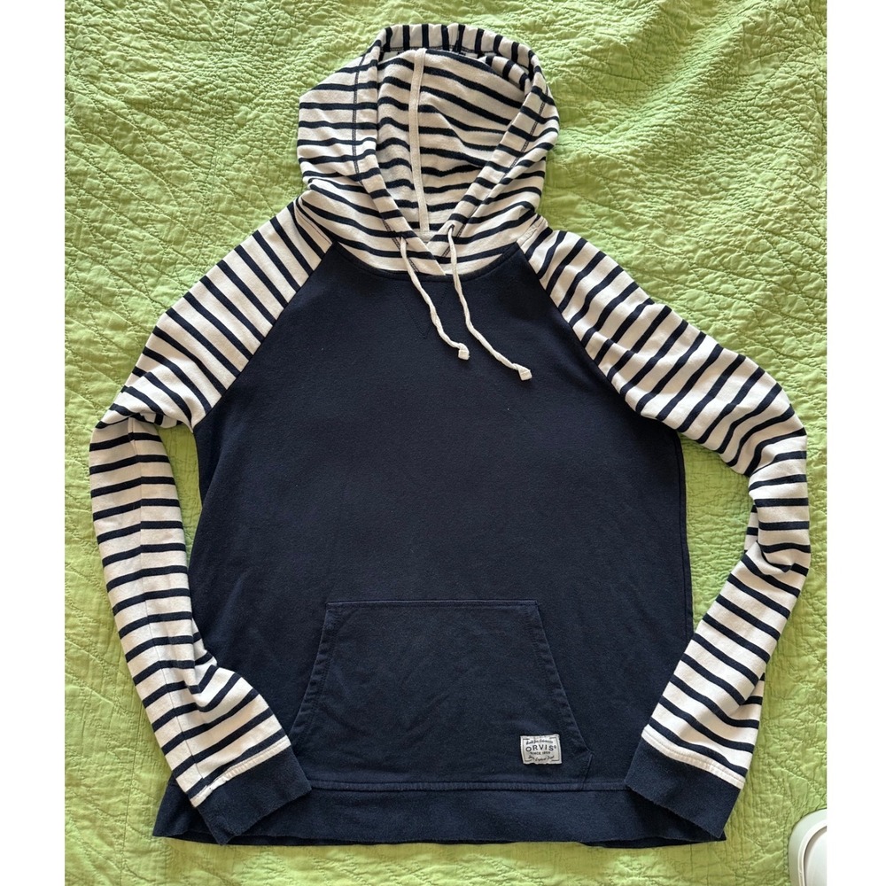 Orvis Womens Navy Blue Striped Raglan Sleeve Hoodie Sweatshirt Small S